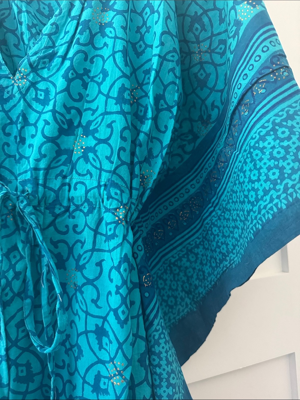 Turquoise Printed Caftan Coverup with Drawstring Waist - Picture 4 of 5